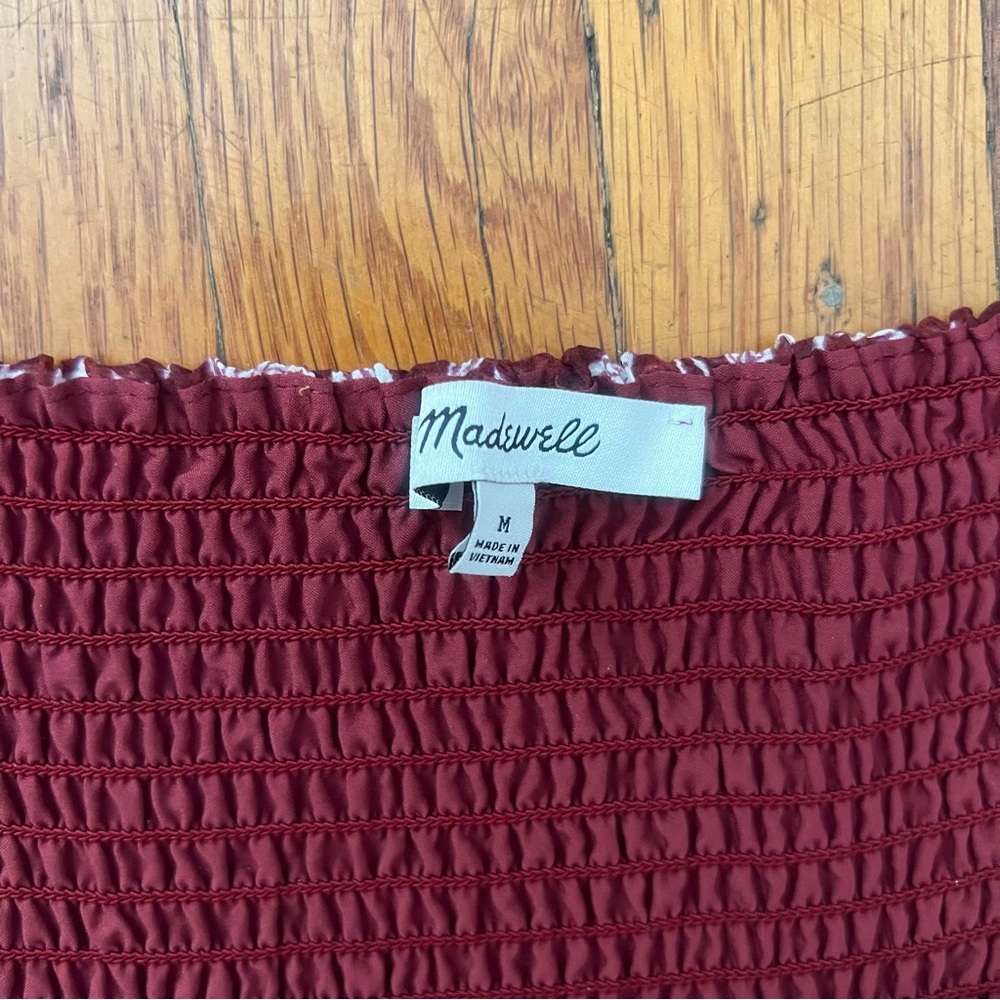 Madewell Lucie Smocked Button-Front Midi Dress Batik Vine red puff sleeves M NEW - Picture 2 of 3